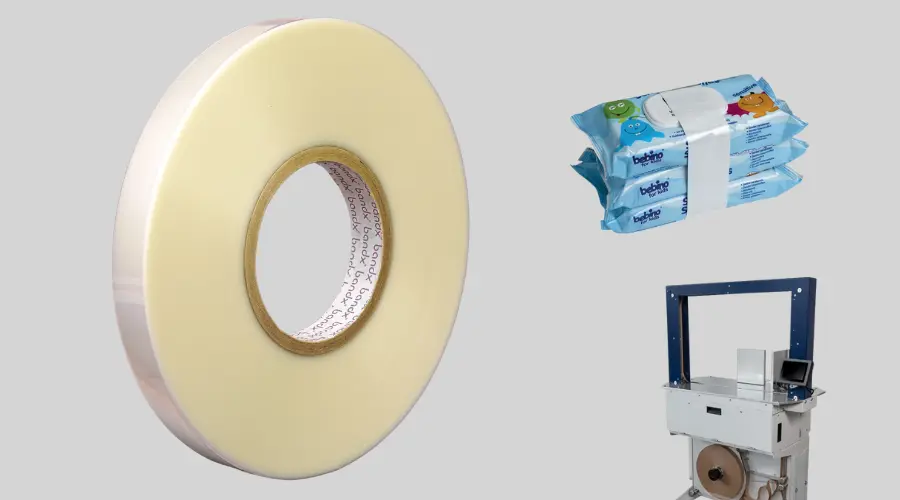 Film banding tape shown with banding equipment used for securing and bundling products.